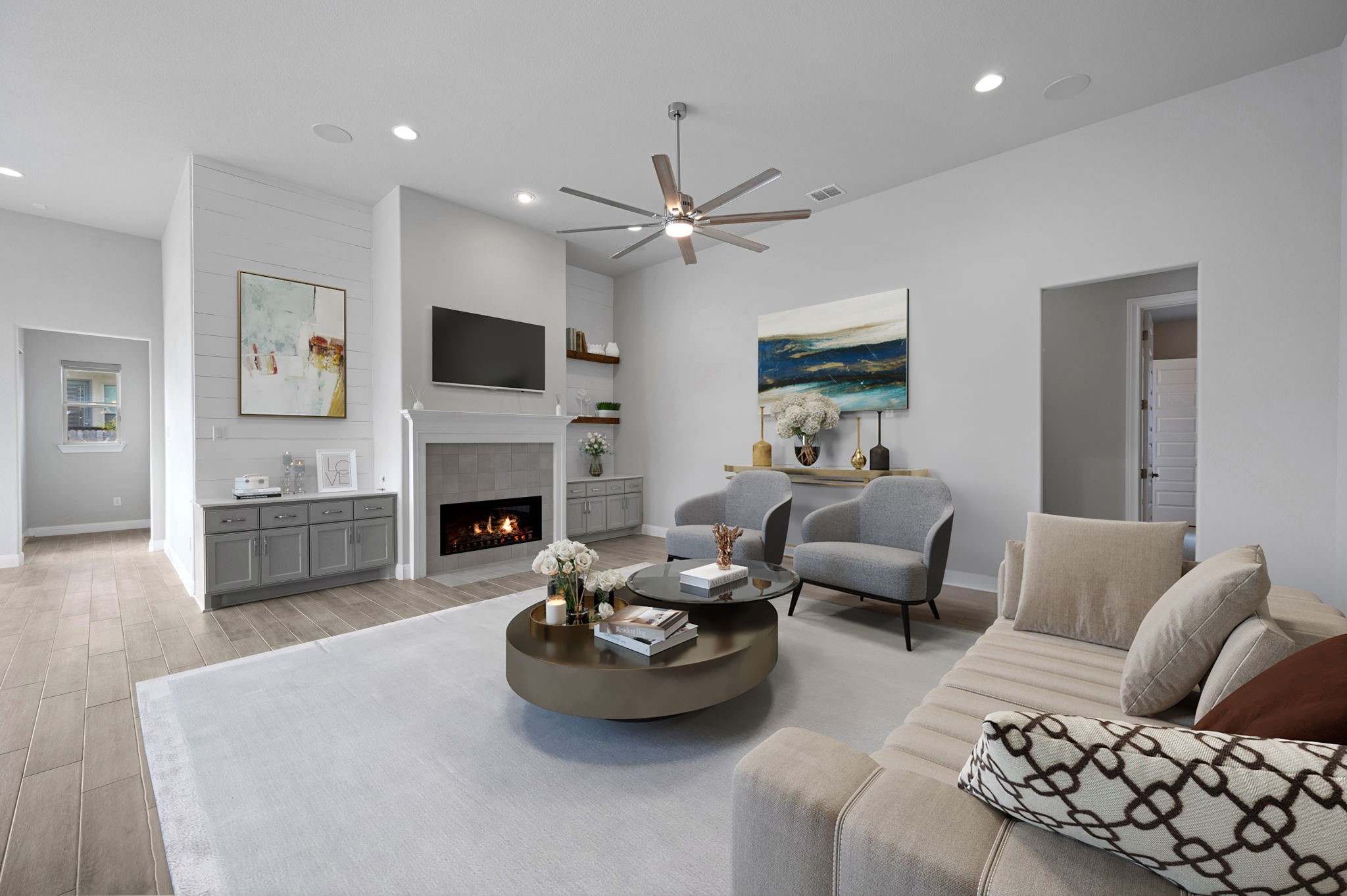 165 Eclipse Drive Austin, TX 78737 - Photo 8 of 38 a living room with furniture a flat screen tv and a fireplace