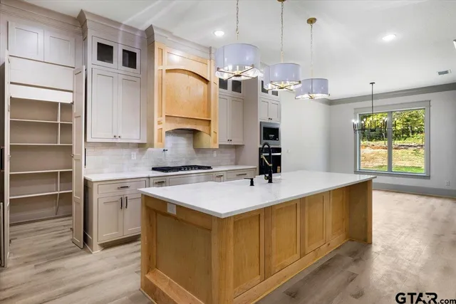 a kitchen with a sink a stove and cabinets