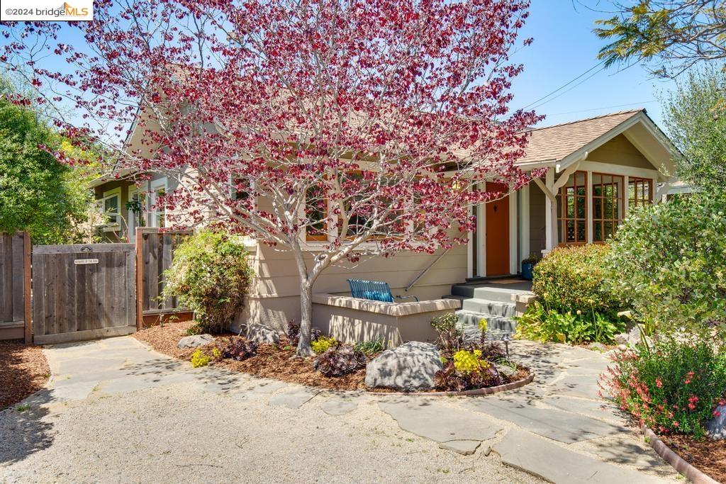 a view of a chair and table in the backyard