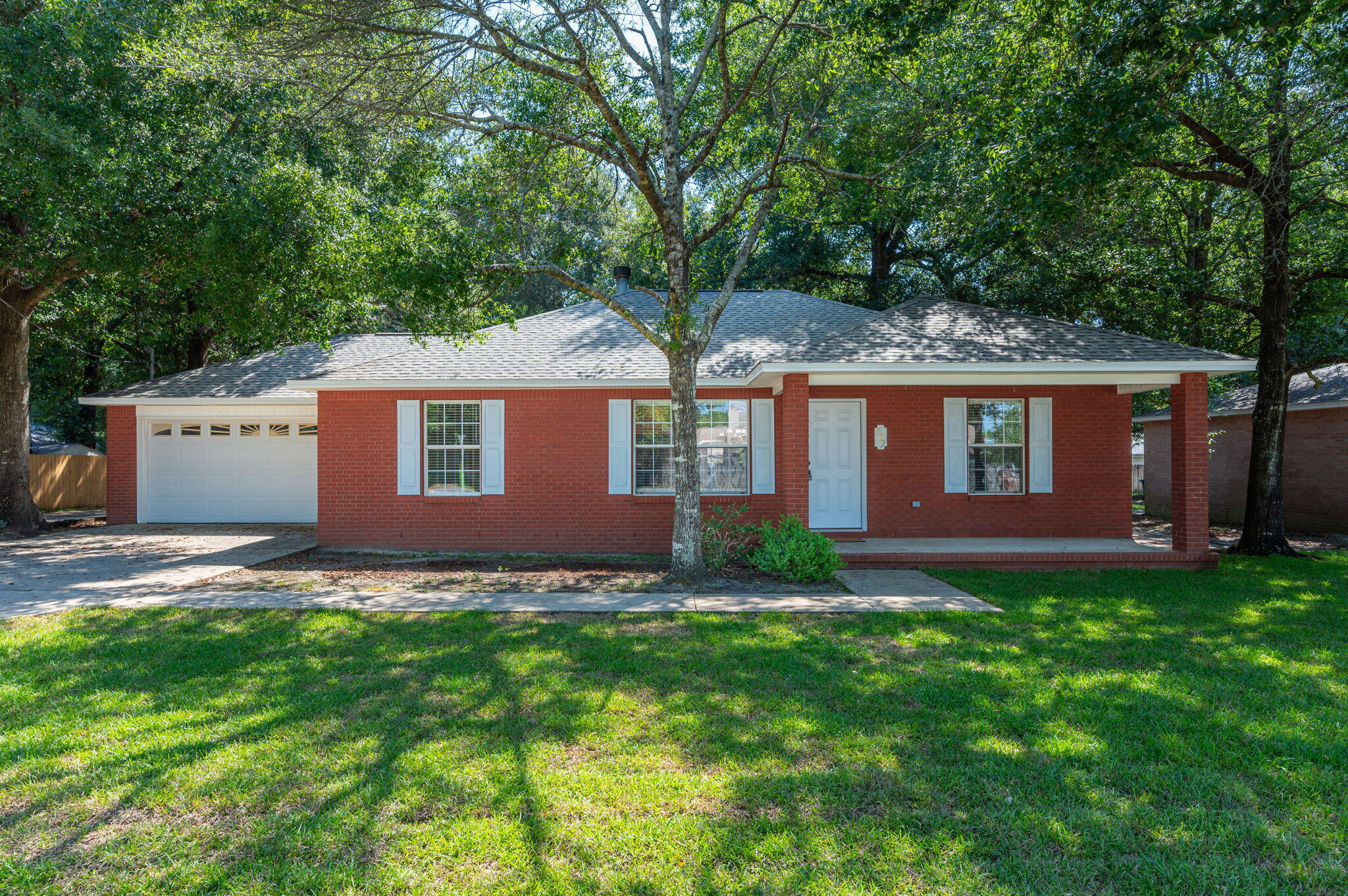 a view of a yard in front of a house with plants and large tree