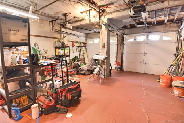 a view of a garage with storage