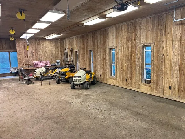 a garage with a large window