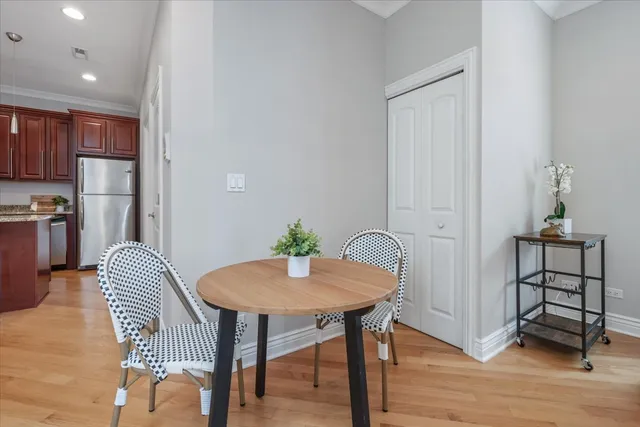 a view of a dining room with furniture