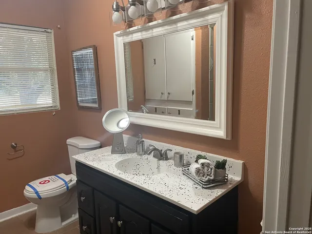 a bathroom with a sink toilet and mirror