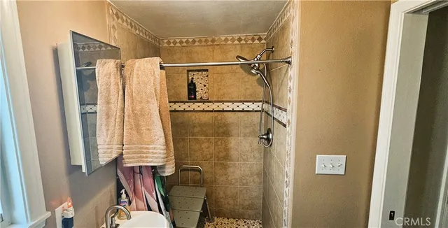 a bathroom with a shower and a toilet