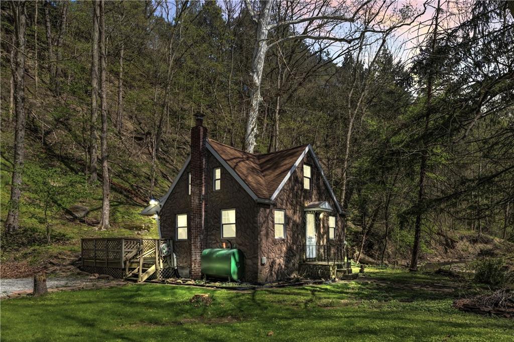 a front view of a house with a yard and a fountain