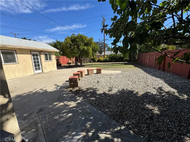 a view of a yard with plants and a large tree