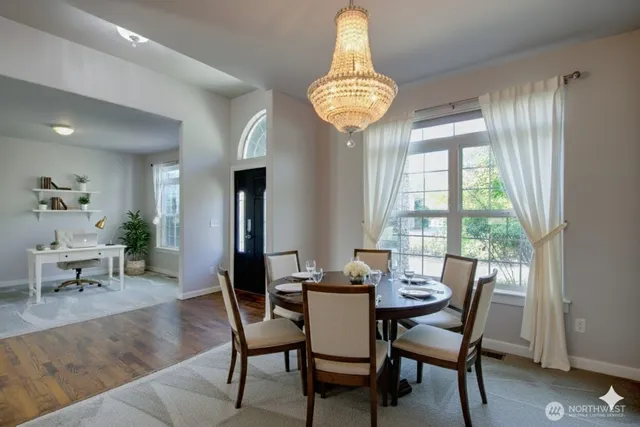 a view of a dining room with furniture window and outside view