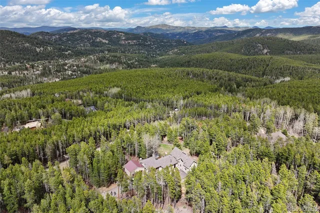 an aerial view of residential houses with outdoor space and trees