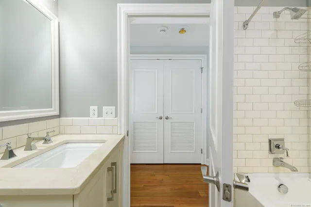 a bathroom with a sink and a mirror