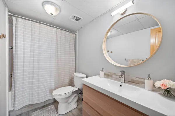 a bathroom with a toilet a sink a mirror and vanity