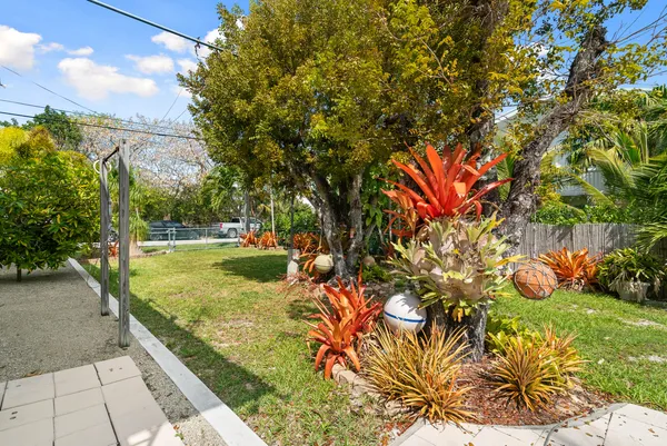 a view of a garden with an outdoor space
