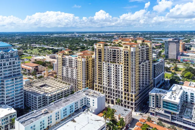 a view of a park with palm trees