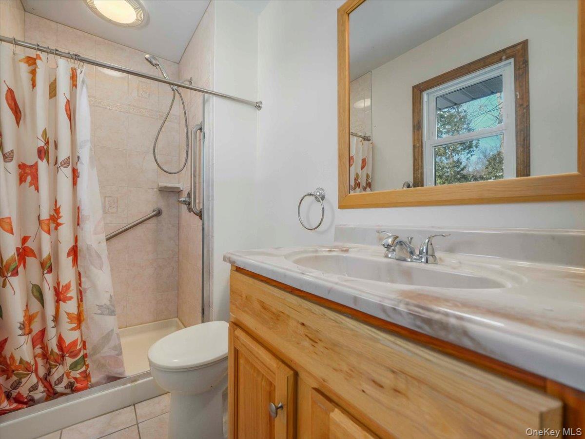 61 Rolling Ridge Road New City, NY 10956 - Photo 20 of 43 a bathroom with a granite countertop sink a toilet and shower