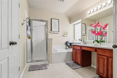 a spacious bathroom with a sink mirror and a shower