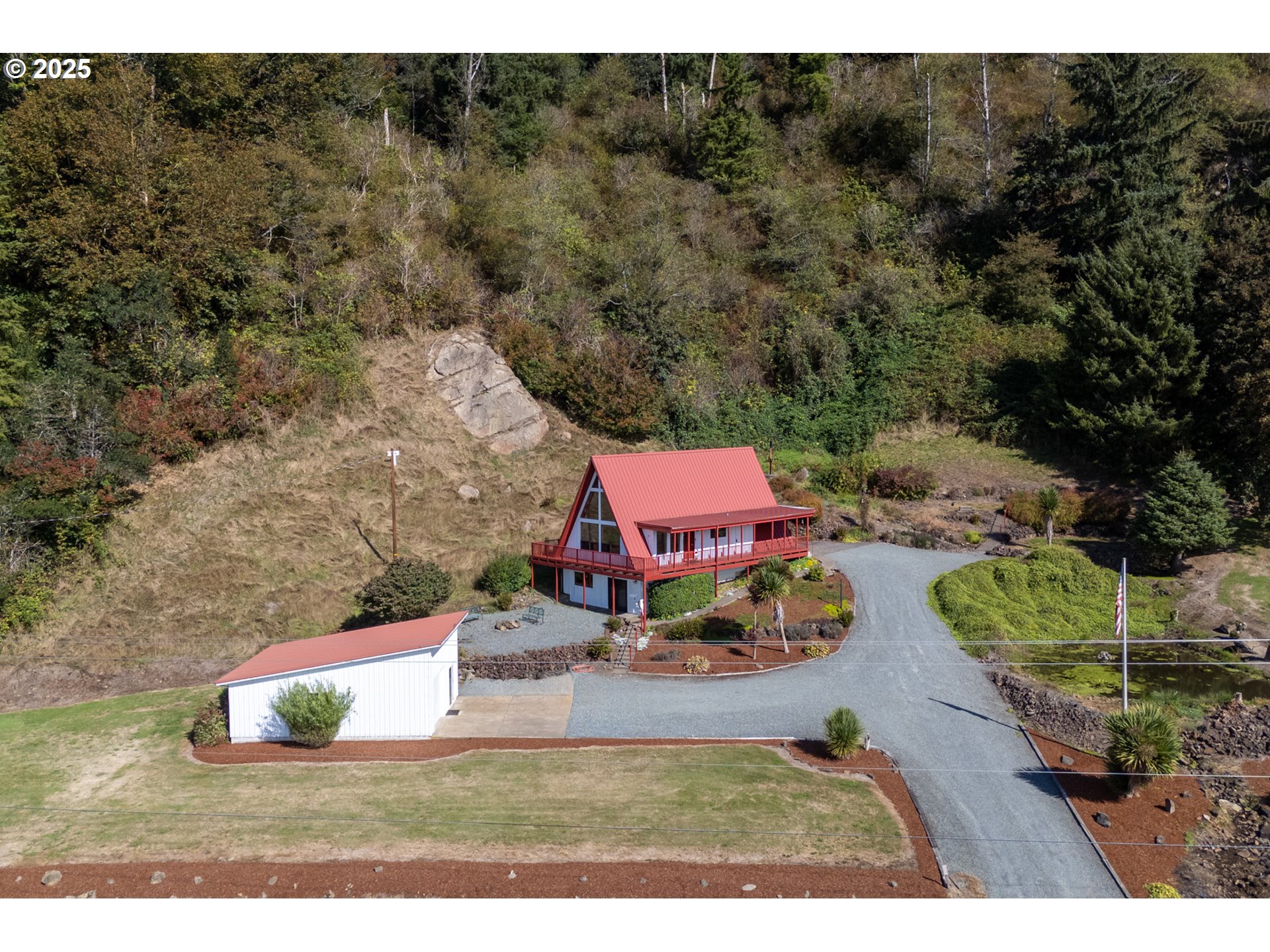 a view of a park with large trees