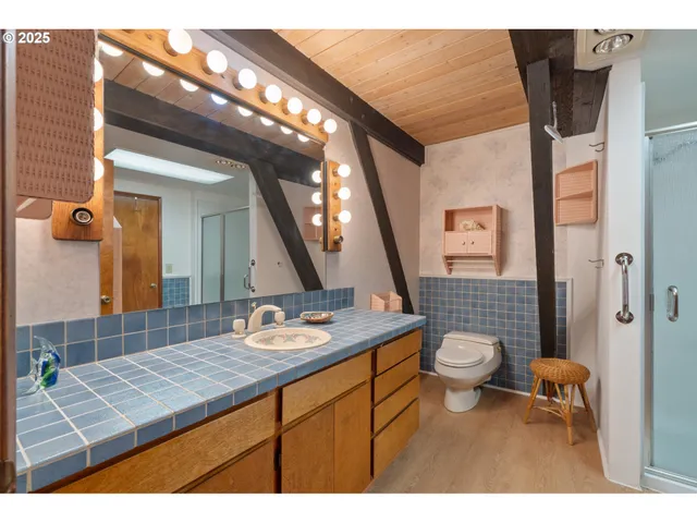 a bathroom with a sink a toilet and shower