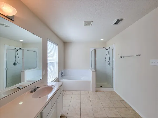 a bathroom with a tub sink shower and a mirror