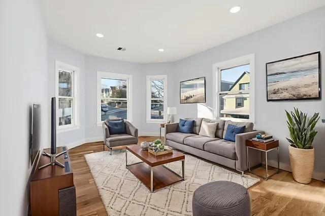 a living room with furniture potted plant and a window