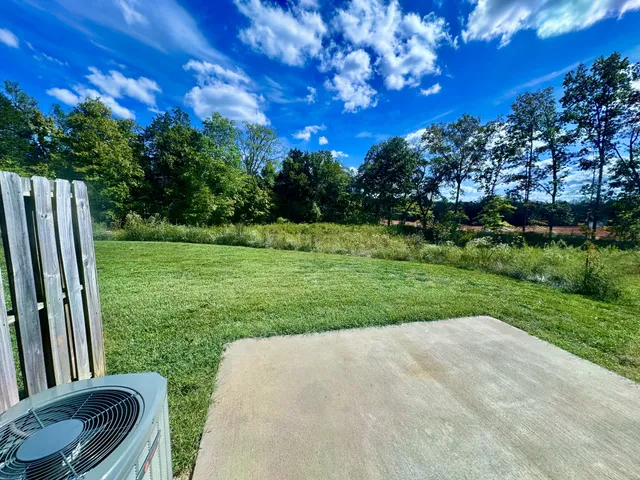 a view of a backyard with a garden and entertaining space