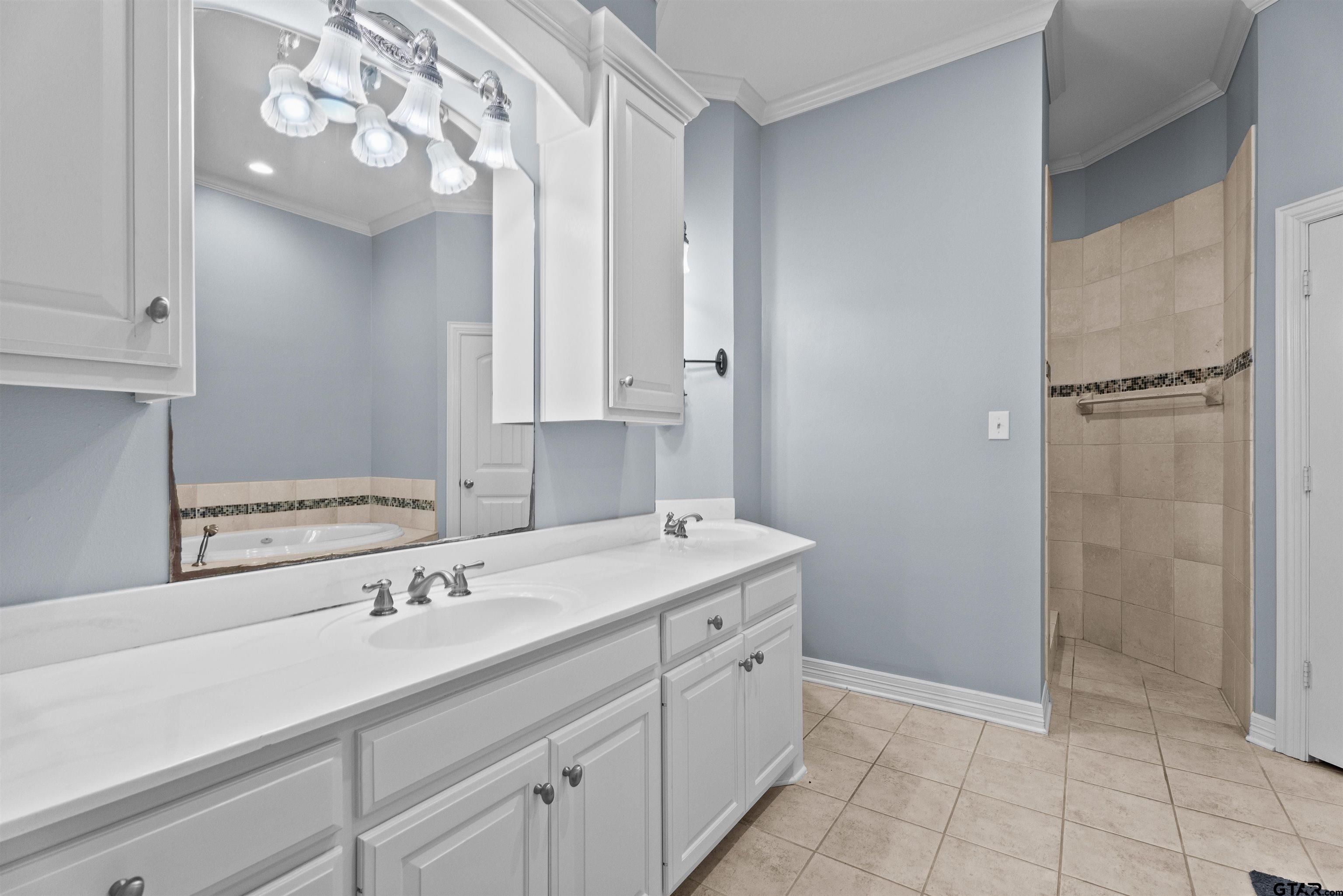 a bathroom with a sink double vanity and shower