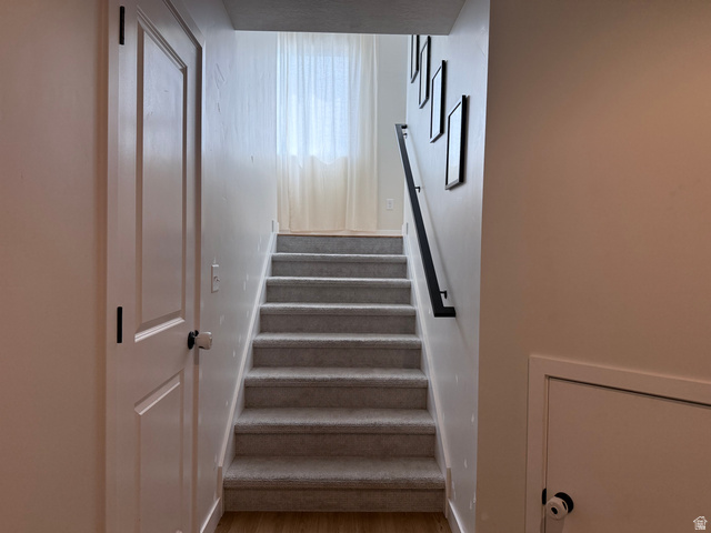 774 West 480 South American Fork, UT 84003 - Photo 41 of 76 Carpeted staircase with a modern black handrail, light wood-finish landing, and a window with sheer curtains