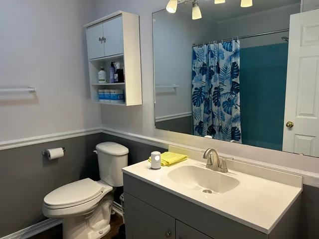 a bathroom with a sink toilet and mirror