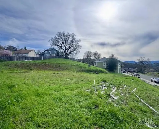 a view of a big yard with a house in the background