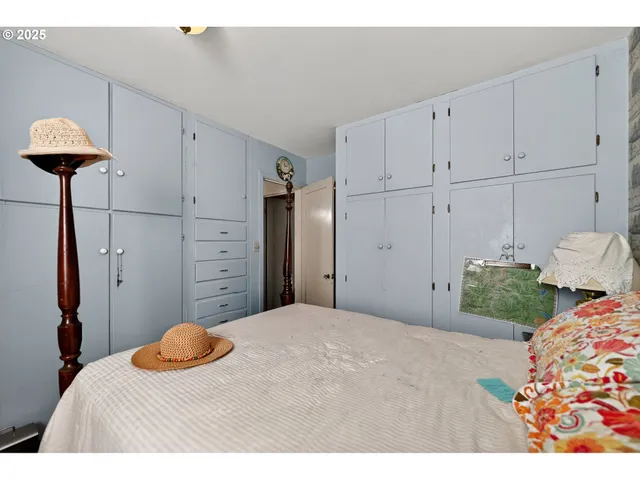 a bedroom with a bed and a closet