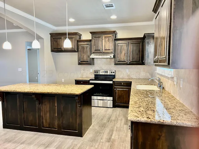 a kitchen with stainless steel appliances granite countertop a stove and a sink