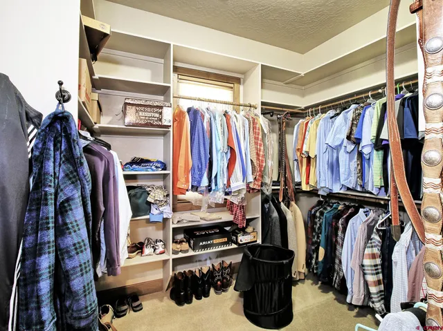 a view of walk in closet with clothes and shoes