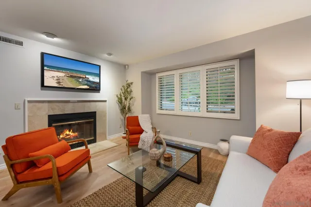 a living room with furniture and a fireplace