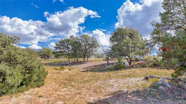 a view of a yard with mountains in the back