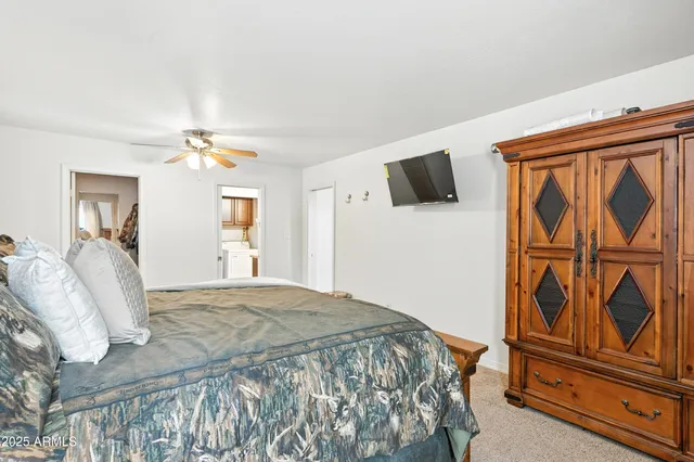 a bedroom with a bed and ceiling fan