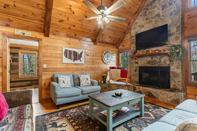 a living room with furniture a flat screen tv and a fireplace