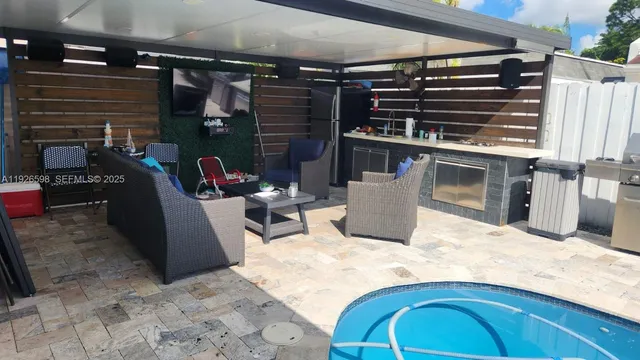 a outdoor space with seating space