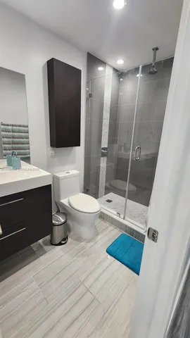 a bathroom with a sink a toilet a mirror and shower