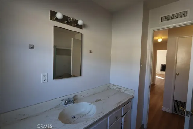 a bathroom with a sink vanity and a mirror