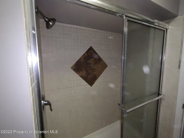a bathroom with a shower and a sink