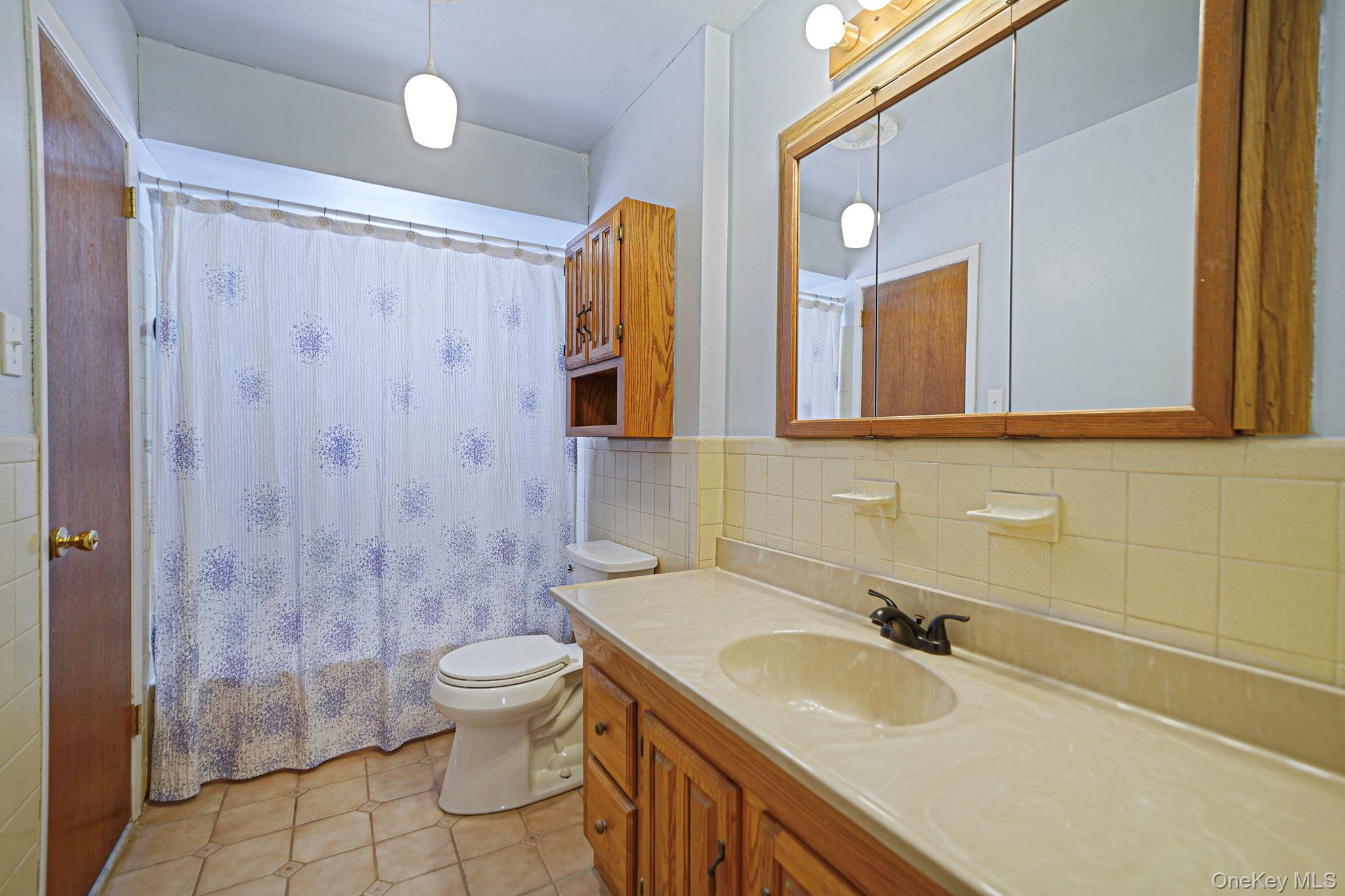 2009 Newbridge Road Bellmore, NY 11710 - Photo 21 of 24 a bathroom with a granite countertop sink a toilet a mirror and shower