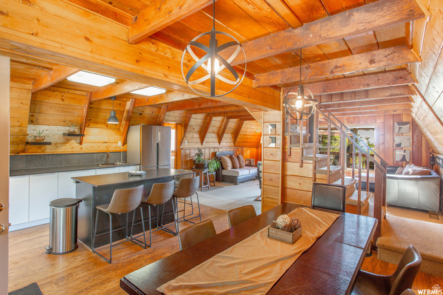 1644 West Tollgate Cyn Road, Unit 79AM Coalville, UT 84017 - Photo 8 of 31 Wood-paneled ceilings with exposed beams, kitchen island with counter seating, built-in staircase, and modern spherical light fixtures