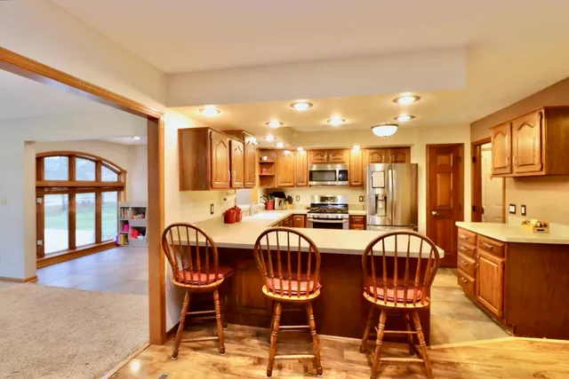 a view of a dining room with furniture