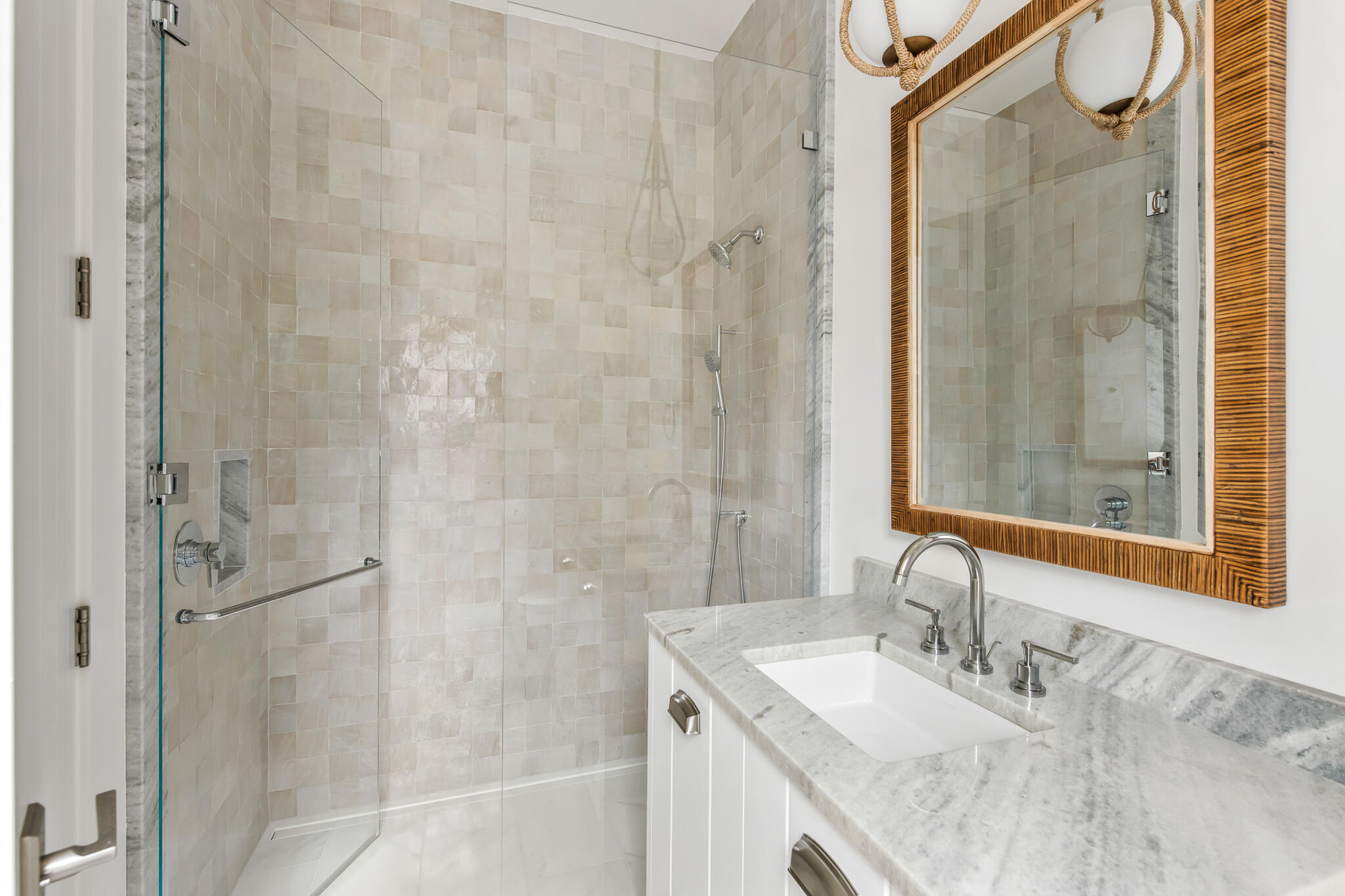 26 Sea Garden St Inlet Beach Inlet Beach, FL 32461 - Photo 31 of 51 a bathroom with a granite countertop shower sink and mirror