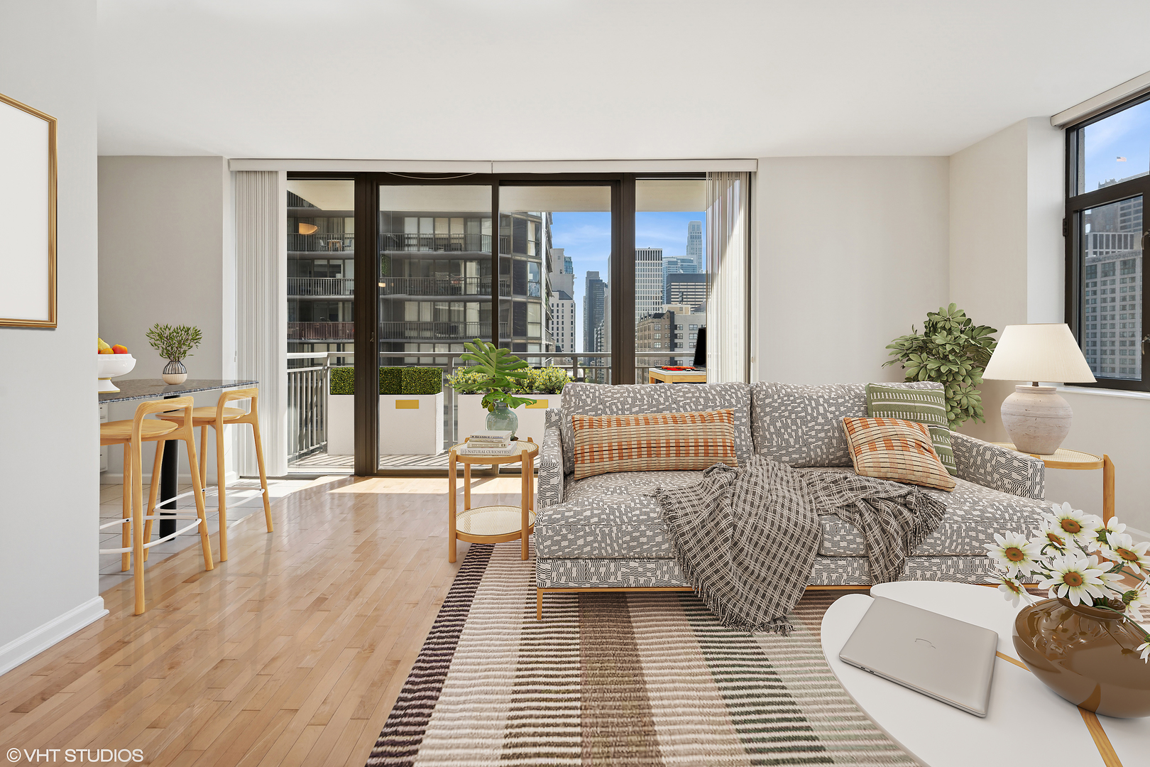 630 North State Street, Unit 1406 Chicago, IL 60654 - Photo 4 of 18 a living room with furniture and a floor to ceiling window