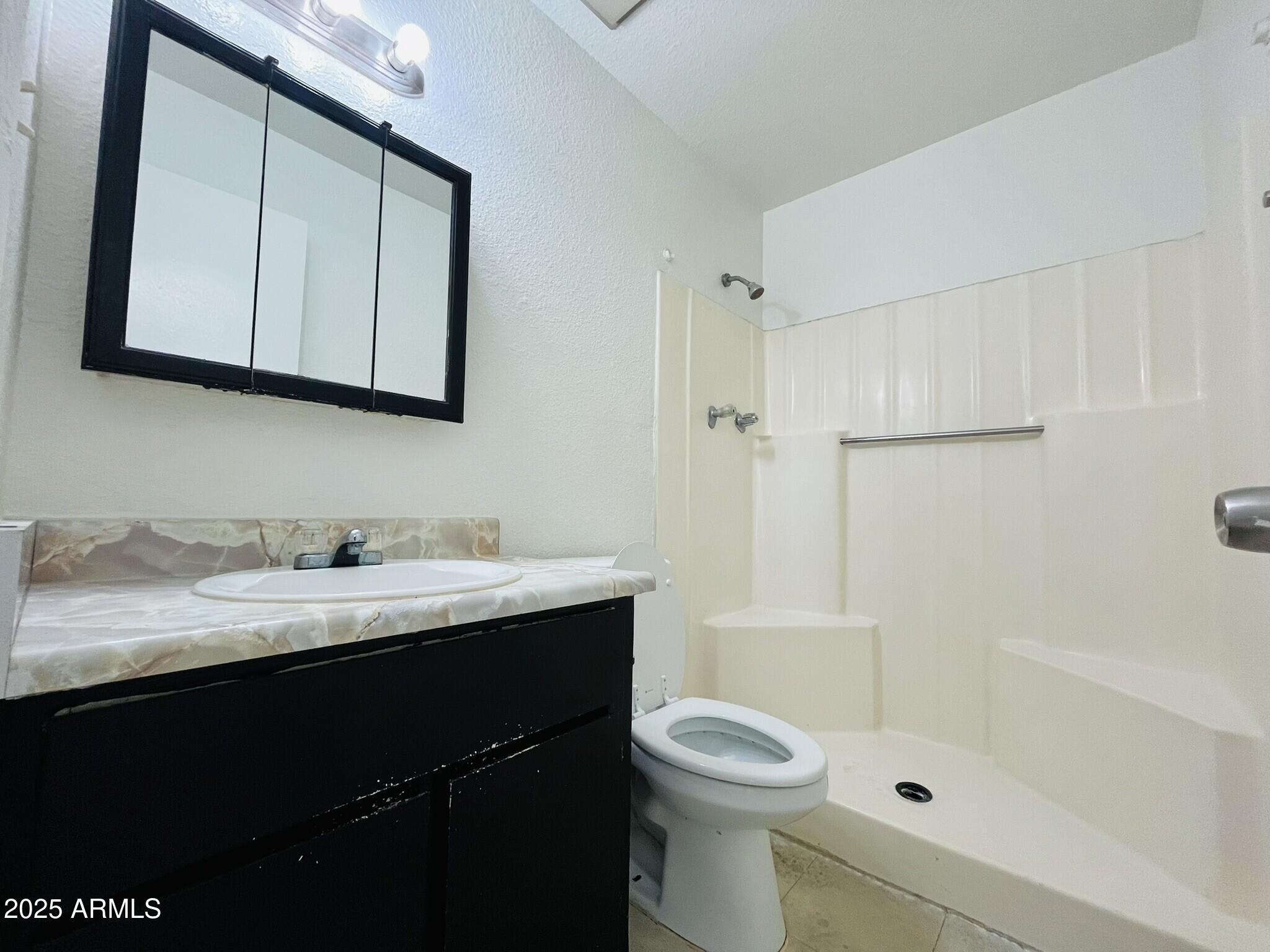 3807 North 23rd Drive, Unit 2 Phoenix, AZ 85015 - Photo 8 of 11 a bathroom with a granite countertop sink toilet a mirror and shower