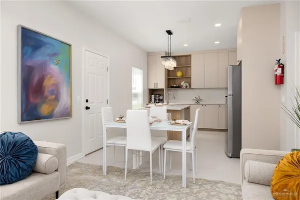 a view of a dining room with furniture