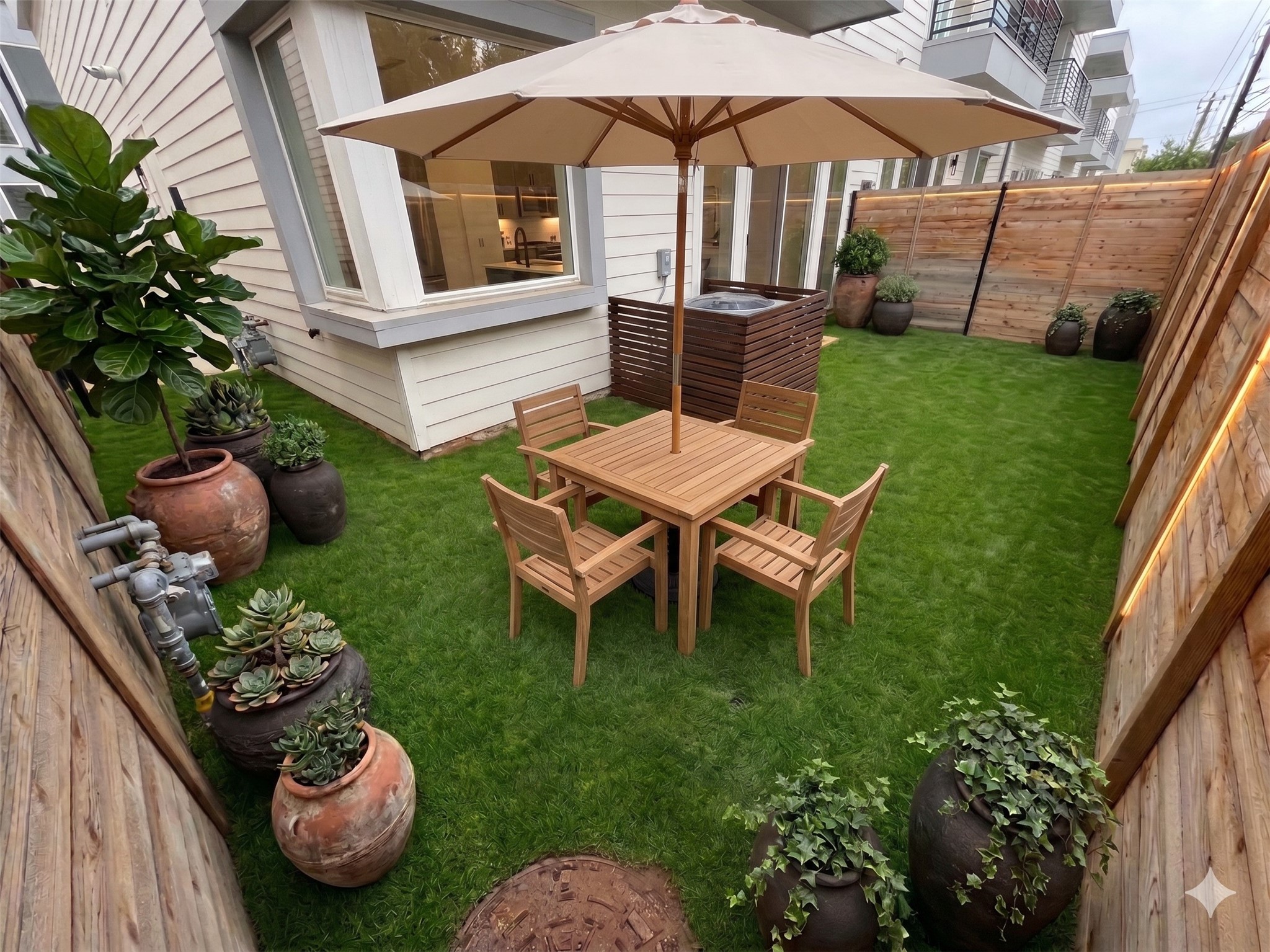 2000 Riverside Farms Road, Unit 19102 Austin, TX 78741 - Photo 13 of 13 This photo showcases a cozy backyard with a lush green lawn, featuring a wooden patio set under a large umbrella. The space is accented with potted plants and enclosed by a wooden fence, offering a private, inviting outdoor area.
