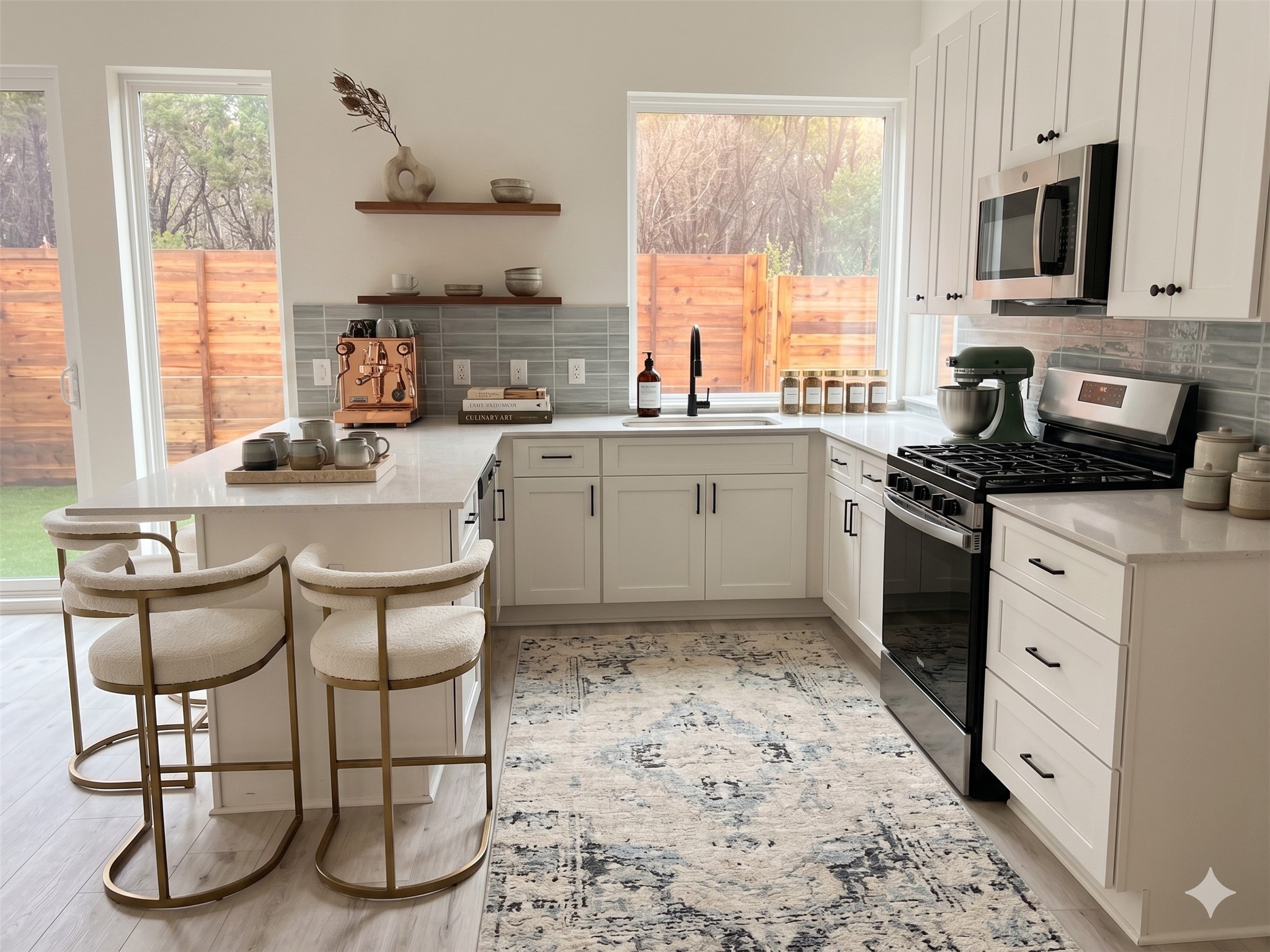 2000 Riverside Farms Road, Unit 19102 Austin, TX 78741 - Photo 2 of 13 This modern kitchen features white cabinetry, a sleek gray backsplash, and stainless steel appliances. It includes a spacious island with seating, large windows for natural light, and stylish open shelving. The cozy, contemporary design is perfect for both cooking and entertaining.