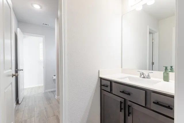 a bathroom with a sink and a mirror
