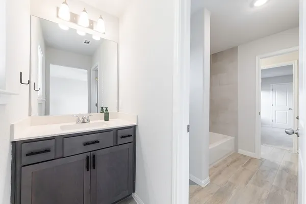 a bathroom with a sink and mirror